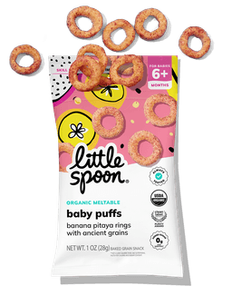 A bag of Little Spoon Organic Banana Pitaya Rings Baby Puffs.