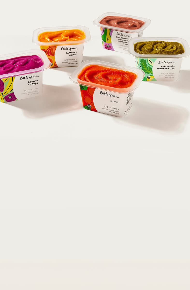 Five Little Spoon Babyblends cups in assorted flavors, including banana + pitaya, carrot, butternut squash, and kale blends.