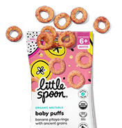 A bag of Little Spoon Organic Banana Pitaya Rings Baby Puffs.