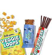 A variety of Little Spoon snacks, including a bag of Veggie Loops, an Oat Bar, and a Fruit Ripper.