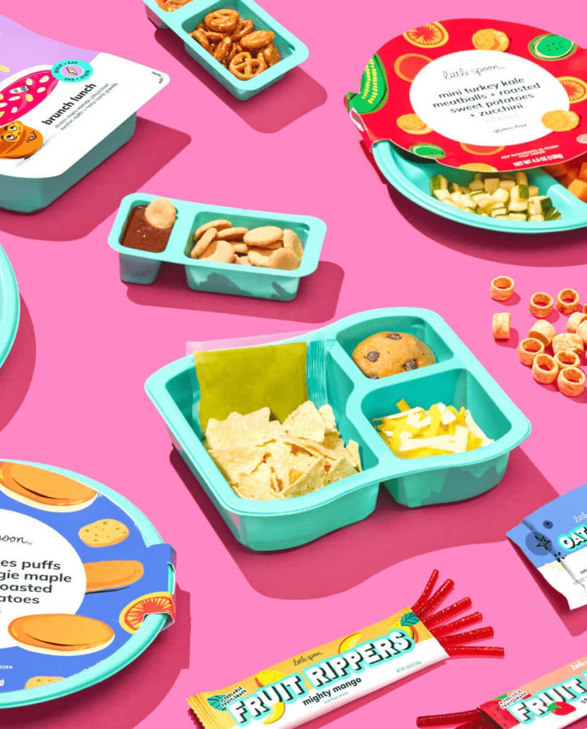 An overlay of Plates, Fruit Rippers, Dipsters and Lunchers are displayed opened over a hot pink background.